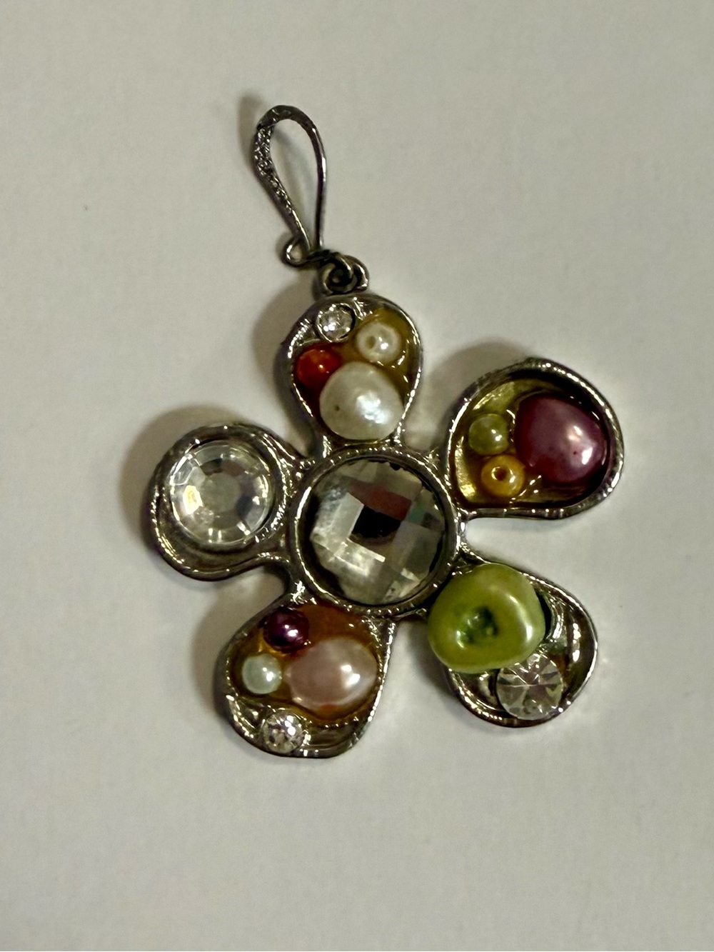 Bold Floral Statement Pendant with Faux Pearls & Crystals-2” Chunky Flower Charm - Picture 2 of 7